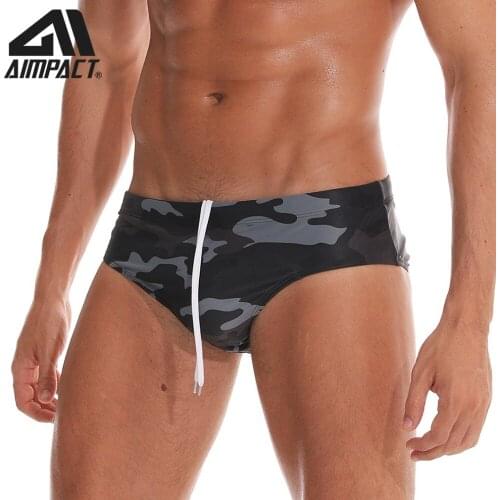AIMPACT Mens Swimsuit Bikini Camouflage Print Lowrise Briefs Swimming Trunks Shorts Sexy Padder Push Up Beach Swimwear AM8131