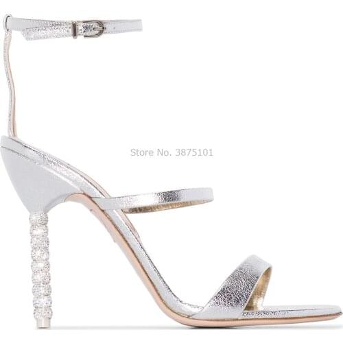 Summer New Arrival Women Sandal Beige Three Strap High Heel Sandals Stiletto Designer Rhinestone Pearl Thin High Sandals