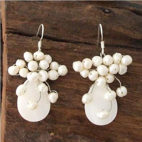 New Arrival Favorite Pearl Earring Unique Sea Shell White Genuine Freshwater Pearls S925 Silver Grape Dangle Earrings Lady Gift