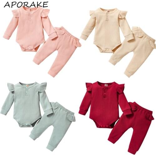 2021 0-24M Autumn Baby Girl Clothing Solid Color Ribbed Ruffled Long Sleeves Romper+Elastic Waist Pants Toddler 4pcs Set