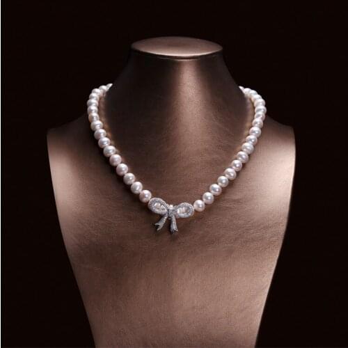 Bowknot Decoration Clasp Choker 100% Genuine Freshwater Pearl Necklace Women Jewelry Gifts Different Pearl