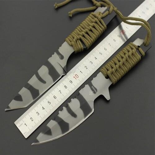 Camouflage color straight knife diving survival knife Portable outdoor fixed blade knife camping tools with nylon scabbard