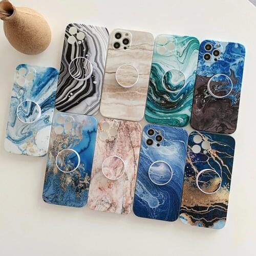Grip Stand Holder Marble Phone Cases For iPhone 11 12 Mini Pro X XR XS Max 7 8 Plus SE 2 Glossy Soft TPU Shockproof Cover Fundas