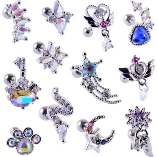 12PCS/Lot Stainless Steel Barbell Cz Tragus Helix Cartilage Earrings Multicolor Crystal Flower Moon Lobe Earring Piercing 20G
