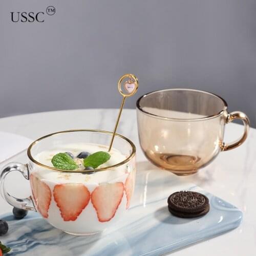 USSC Transparent Brown Glass Cup Oatmeal Breakfast Household Cup With Lid Spoon Large Capacity Coffee Milk Cup Printed HZ027