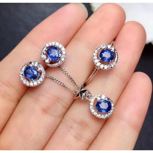 Anniversary Best Gift Sapphire jewelry set Natural Real Sapphire 925 sterling silver 1pc pendant,1pc ring,2pcs Earring