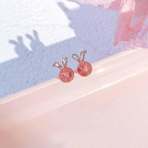 Pure 925 Sterling Silver Strawberry Quartz Stud Earrings For Women Statement Korean Cute Bunny Ear Gifts Fine Party Jewelry