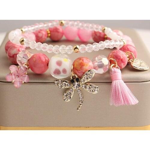 Korean style summer fresh mushroom floral pendant bracelets double-layer popcorn Crystal elastic bracelet for women