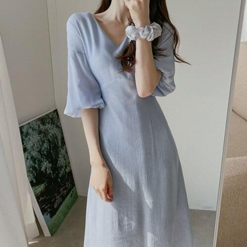 Korean Chic WomenS One-Piece Dress 2021 Summer Elegant V-Neck Pleated Lantern Sleeve Solid Party Dress Long Casual Ladies Dress
