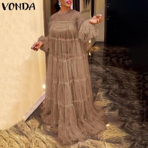 2021 VONDA Women Sundress Casual O Neck Long Sleeve Solid Dresses Elegant Sundress Bohemian Vestidos S- Long Robe