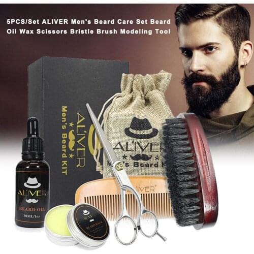 5PCS/Set Mens Beard Care Set Beard Oil Wax Scissors Bristle Brush Modeling Tool With Portable Gift Box And Storage Bag