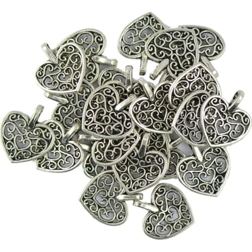 50 Pieces/Pack Retro Tibetan Silver Filigree Hollow Love Heart Charms Pendants