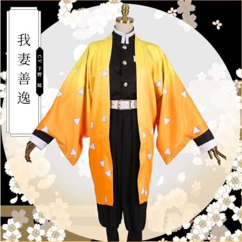 Anime!Demon Slayer Kimetsu no Yaiba Agatsuma Zenitsu Cosplay Costume Kimono Uniform Halloween Costumes for Adult Women Men Cloth