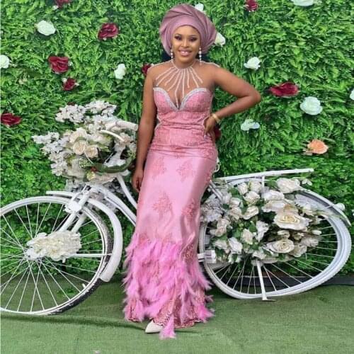 Aso Ebi African Evening Dresses Sheer Neck Lace Appliques Feather Mermaid Evening Gowns Plus Size Floor Length Arabic Robe 2021