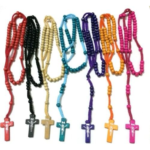 Free ship 50pcs/lot mix colors good wood Beads Catholic jesus Rosary cross long Necklace pendants