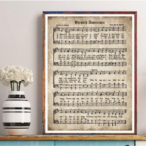 Blessed Assurance Wall Art Canvas Painting Pictures Vintage Sheet Music Posters and Prints Antique Hymn Quotes Home Wall Decor