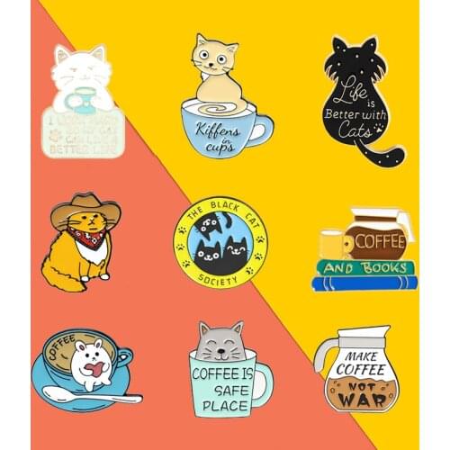 Custom Brooch Coffee and books Enamel Pin Catpuccino Coffee Kitten Badge Bag Clothes Lapel Pins Animal Jewelry Gifts for Friends