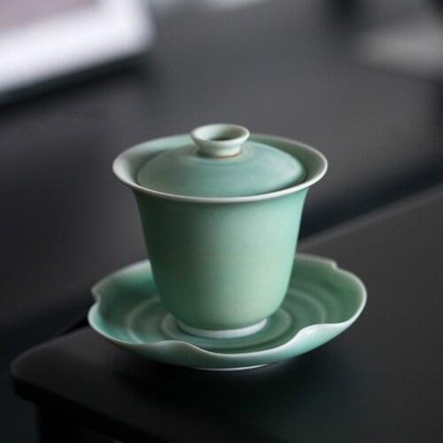 Jingdezhen Handmade Glaze Kiln Soda Green Cover Bowl Thin Tire Kung Fu Tea Set Tea Bowl Gracked Glaze Can Be Raised