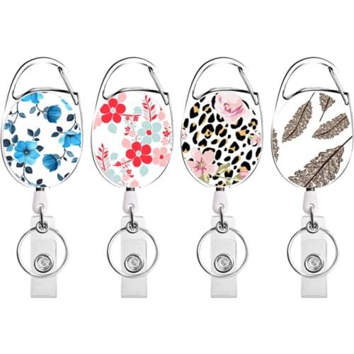 Duty Retractable Badge Holder Reel, Leopard Leaf Pattern Id Name Badge Holder Reels With Clip Key Ring For Name Card Keychain