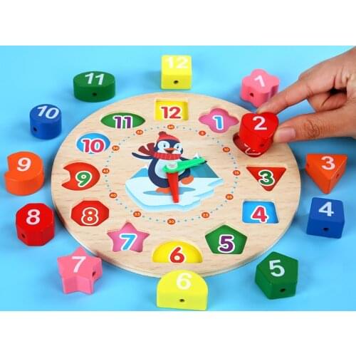 HOT Montessori Cartoon Animal Educational Wooden Beaded Geometry Digital Clock Puzzles Gadgets Matching Clock Toy For Children