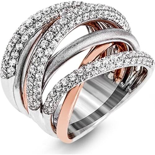 Huitan New Fashion Cross Twine Finger Ring for Women Luxury 3 Rows CZ X Shape Metallic Female Party Anniversary Rings Jewelry