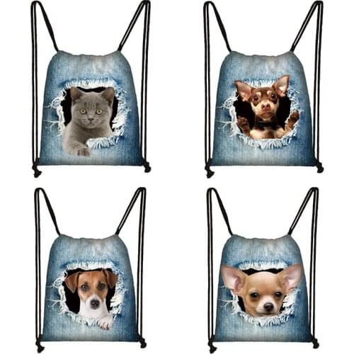 Pocket Creature Print cats dogs Drawstring Bag Woman Rucksack Fashion Girl Travel Bags high-capacity Portable Storage Bag