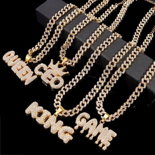 New Hip Hop KING QUEEN Letter Pendant Necklaces for Women Men Iced Out Crystal Miami Cuban Link Chain Necklace Punk Rock Jewelry