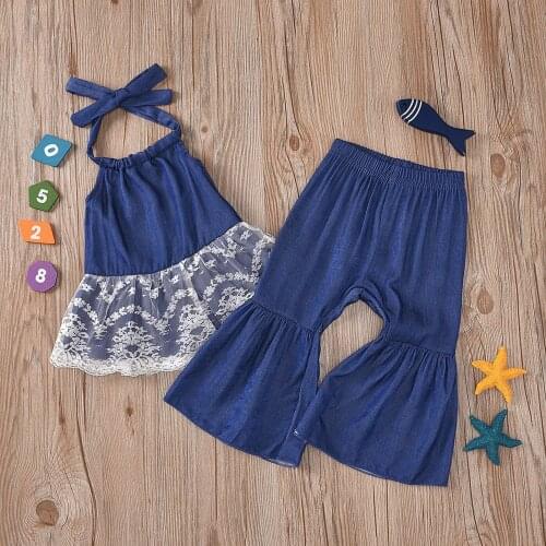 Fashion Toddler Infant Kids Baby Girls Clothes Summer Solid Color Lace Halter Vest Top And Long Flare Pants Beach Outfits Set#p4