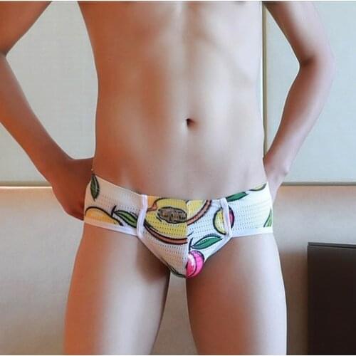 Sexy Bulge Pouch Men Underwear Mens Briefs Breath Mesh Funny Fruit Print Gay Male Underware Panties Underpants Low Waist Cuecas