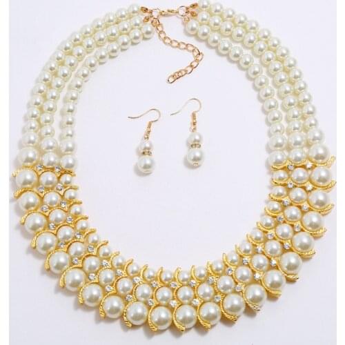 Bride Pearl Jewelry Sets For Women Girls Gold Beaded Pearl Earrings Necklace Wedding Party Fashion Jewelry Dress Accessories