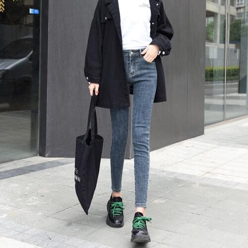 2020 New Women High Waist Jeans Stretch Skinny Denim Feet Pants Comfortable Elastic Slim Light Plaid Casual Pencil Trousers M212