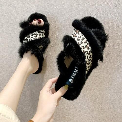 New autumn and winter fur shoes womens home cotton shoes leopard soft shoes fashion flat shoes lightweight casual shoes