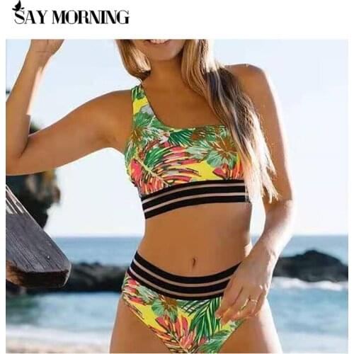 SAY MORNING Two-piece Swimsuit Print One-shoulder Sexy Womens Swimwear Split Bikini Set New 2021 Beach Wear Swimming Suit Bath