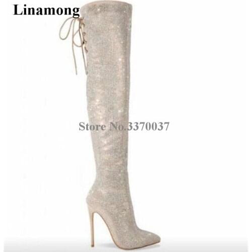 Newest Ladies Luxury Pointed Toe Bling Bling Over Knee Rhinestone High Heel Boots Back Lace-up Crystal Long Boots Wedding Shoes