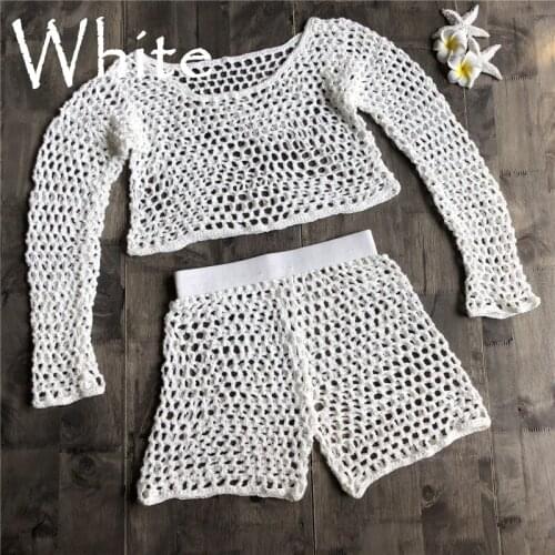 Sexy Casual 2 Piece Set Women Cover Ups See Through Long Sleeve Smock Fishnet Sunscreen Bikini Beachwear Vacation Clothes