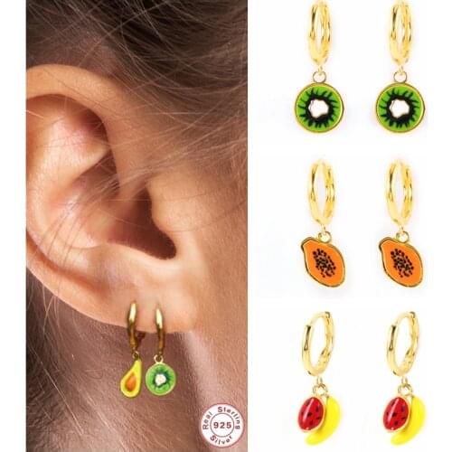 S925 Sterling Silver Enamel Earrings Summer Jewerly Korean INS Fruits Hoop Earrings Cute Aros Kiwi Aros Aguacate Womens Earring