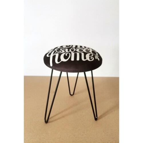 Ligo Goods Home Sweet Digital Printed Metal Leg Black Round Pouf W: 36 H: 45 D: 35 cm Fast Shipping From Turkey