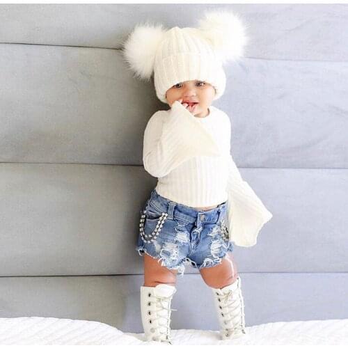 Newborn Baby Girls Wide Sleeve Knit Tops + Jeans Pants Outfits Summer Clothes