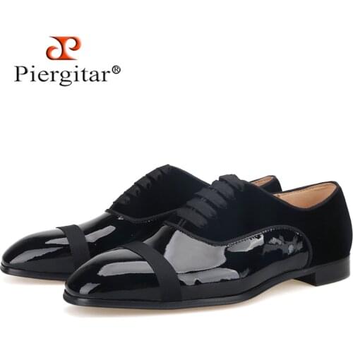 Piergitar Patent Leather Stitching Velvet Men Derby Shoes For Wedding and Prom Handmade Lace-up Mens Formal Shoes Red Outsole