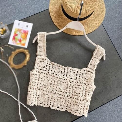 Knit Crochet Vest Loose Wild Solid Color Elastic Bottoming Tank Top Womens Hollow Out Outwear Camisole One Size new