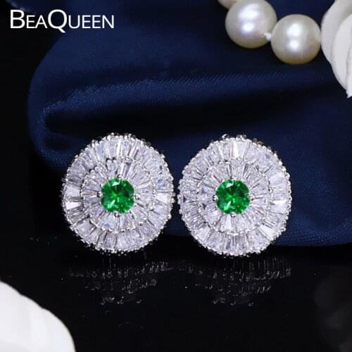 BeaQueen Famous Brand Ladies Green Cubic Zirconia Crystal Fashion Round Stud Earrings Jewelry for Women Party Gift E015