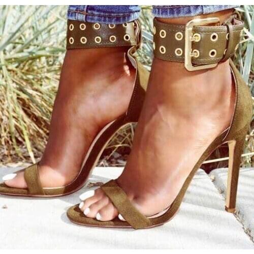 Woman Army Green Suede One Line Big Buckle Rivets Small Holes Thin Heels High Heel Sandals Woman Party Shoes Lady Plus Size 43