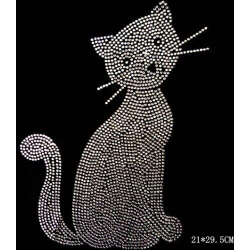 2pc/lot Cat applique patches hot fix rhinestone motif designs iron on crystal transfers design shirt dress