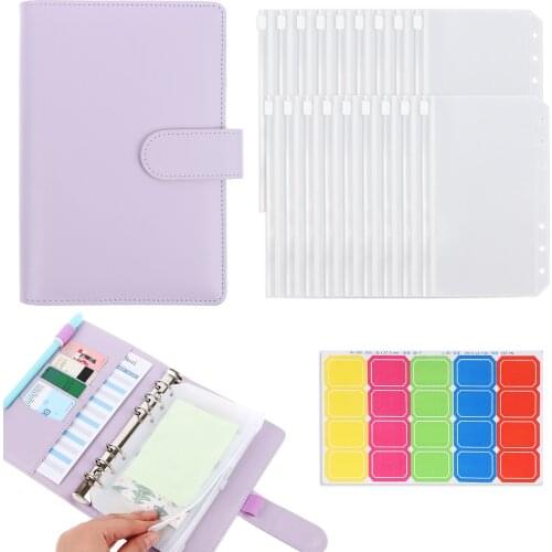 20pcs/set A6 PU Leather Binder Cover Purple Leather Binder File Pocket Loose-Leaf Folder 6