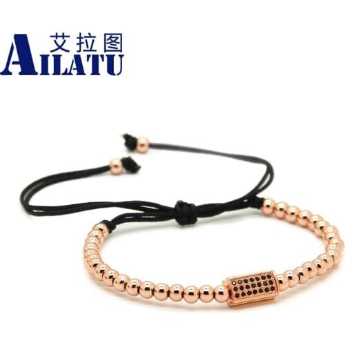 Ailatu 4mm Plated Round Beads with Rectangle Black CZ Beads Braiding Macrame Bracelet