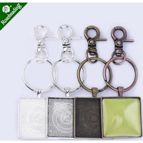 30mm Zinc alloy DIY Key Chain Pendant kits Square Bezel Tray Findings Lobster Clasps Clips,sold 5pcs/set