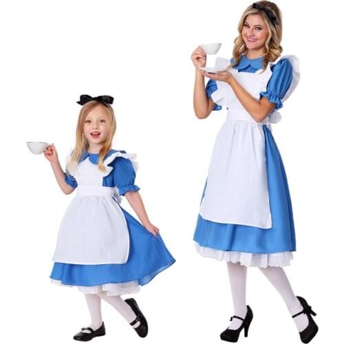 Kids Girls Blue Alice Costume Alice In Wonderland Party Maid Lolita Cosplay Adult Women Halloween Princess Fancy Dress Up Outfit