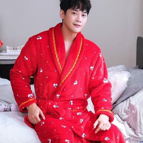 H5962 Men Warm Robes Coral Autumn Winter Thickened Bathrobes Male Long Sleeve Comfortable Casual Sleepwear Soft Print Nightwear