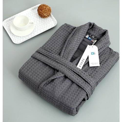 Gray Solid Couple Robe Soft Waffle Bathrobe Gown Cotton Nightgown Lovers Kimono Gown Casual Sleepwear For All Seasons Home Dress