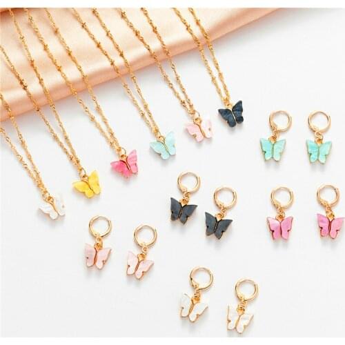 New Fashion Cute Butterfly Pendant Bridal Jewelry Sets Alloy Animal Jewelry Set Drop Earring Necklace Sets For Women Gifts